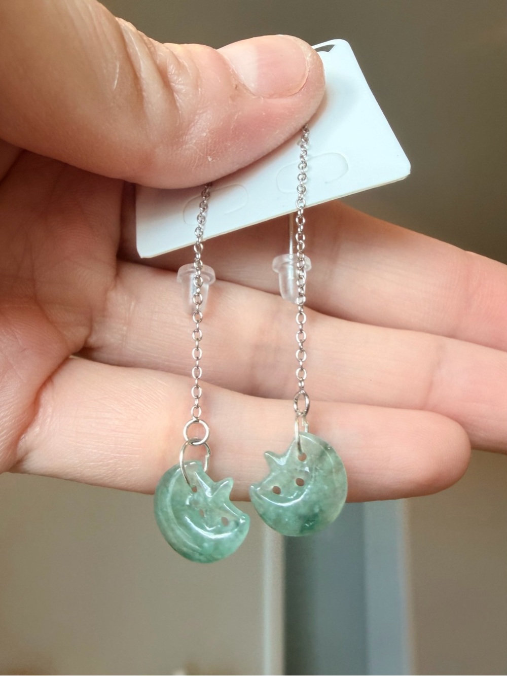 Natural Grade A Icy Floating Flower Jadeite Star&Crescent Moon Threader Earrings